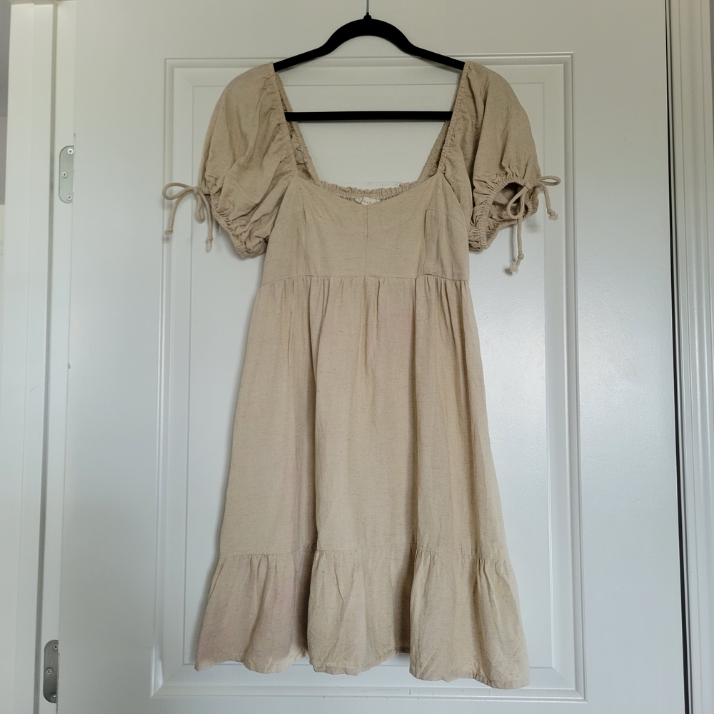 Sim And Sam Feminine Beige Puff Sleeve Mini Dress